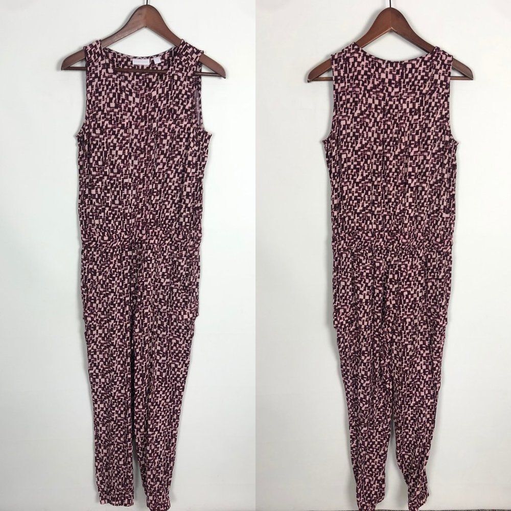 New York & Company Burgundy Red Purple White Sleeveless Jumpsuit